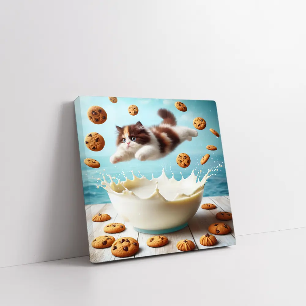 Persian Kitten Diving Into Milk Bowl – Wall Art
