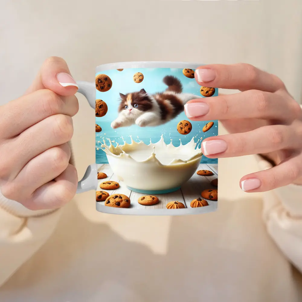 Persian Kitten Diving Into Milk Bowl – Mugs