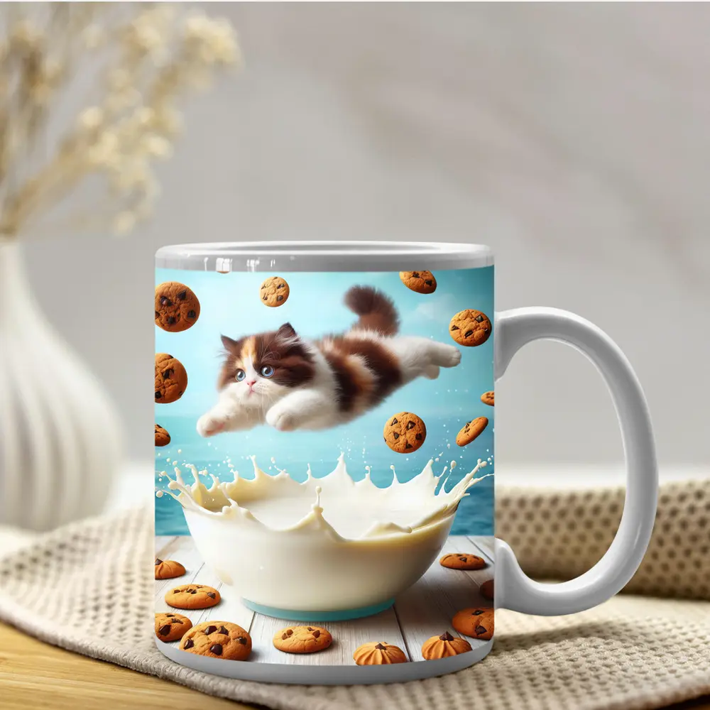 Persian Kitten Diving Into Milk Bowl – Mugs
