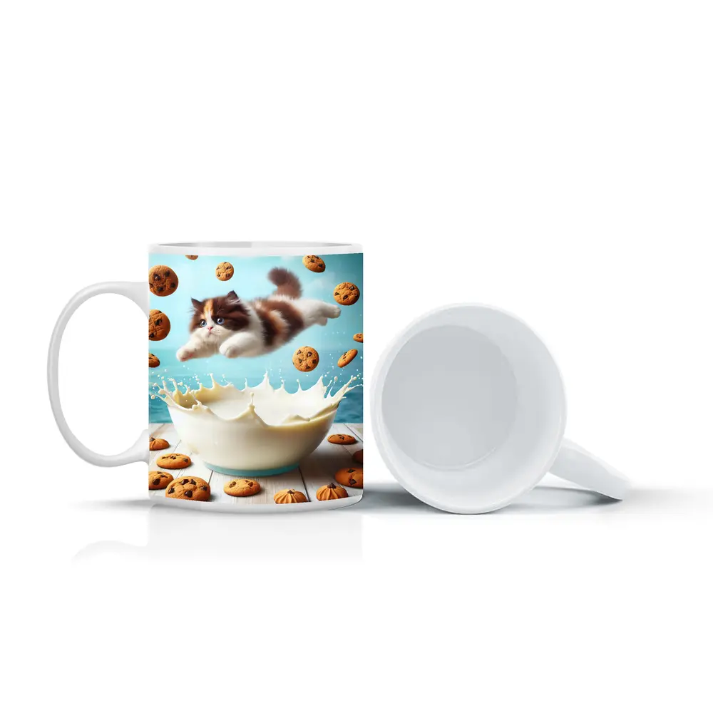 Persian Kitten Diving Into Milk Bowl – Mugs