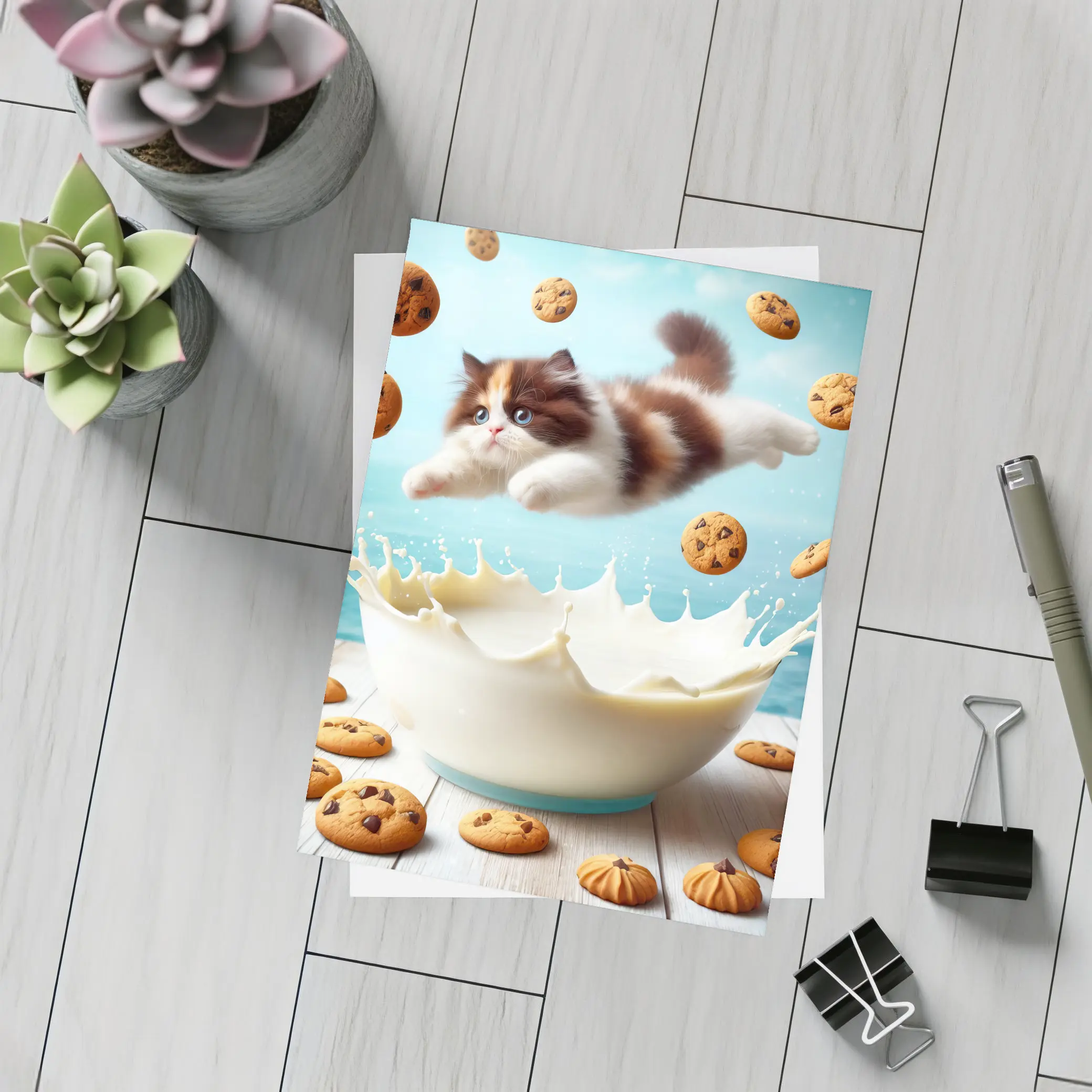 Persian Kitten Diving Into Milk Bowl – Postcards
