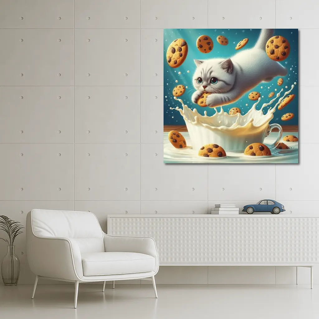 White Cat Diving Into Milk Cookie Fantasy – Wall Art