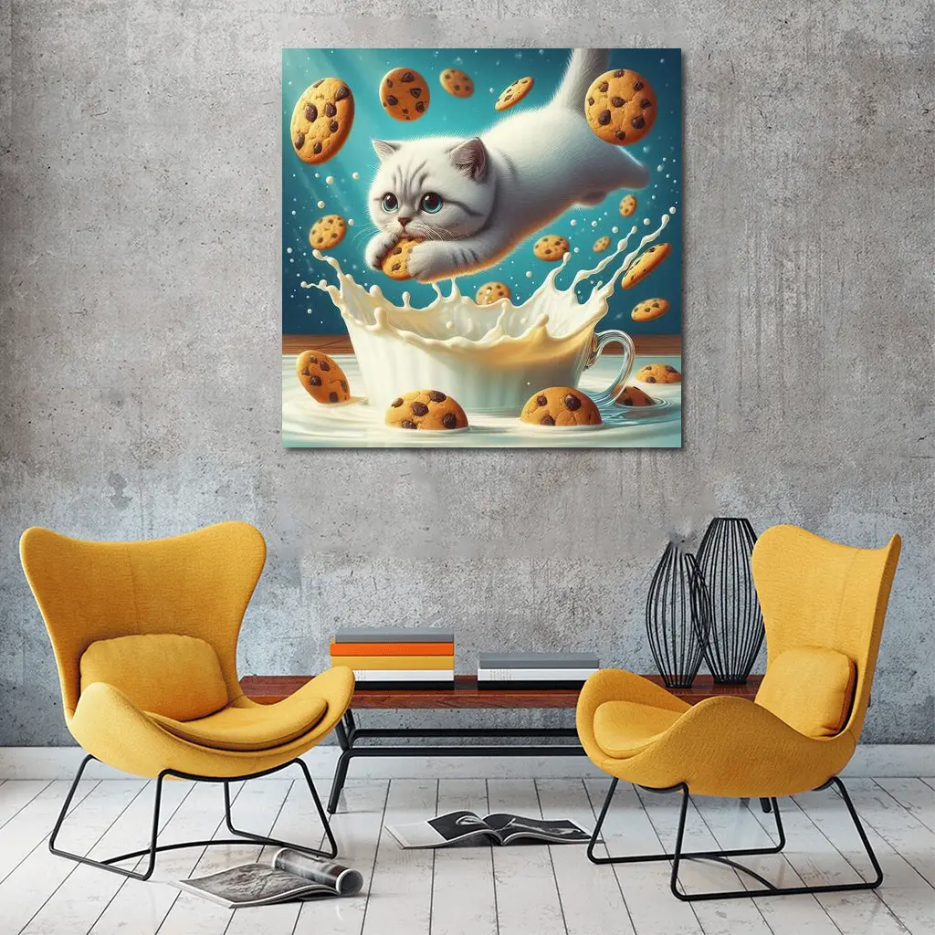 White Cat Diving Into Milk Cookie Fantasy – Wall Art