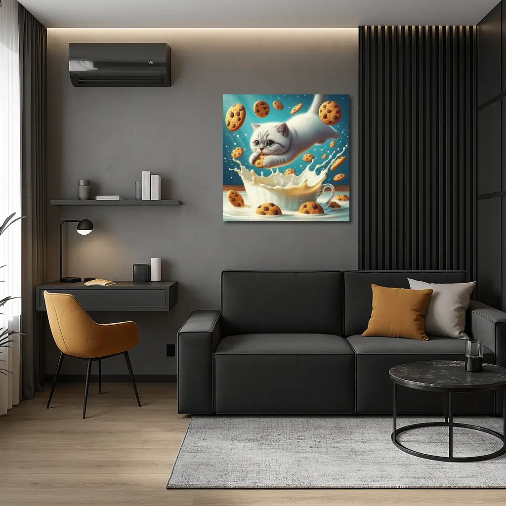 White Cat Diving Into Milk Cookie Fantasy – Wall Art
