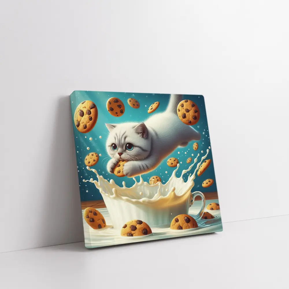 White Cat Diving Into Milk Cookie Fantasy – Wall Art