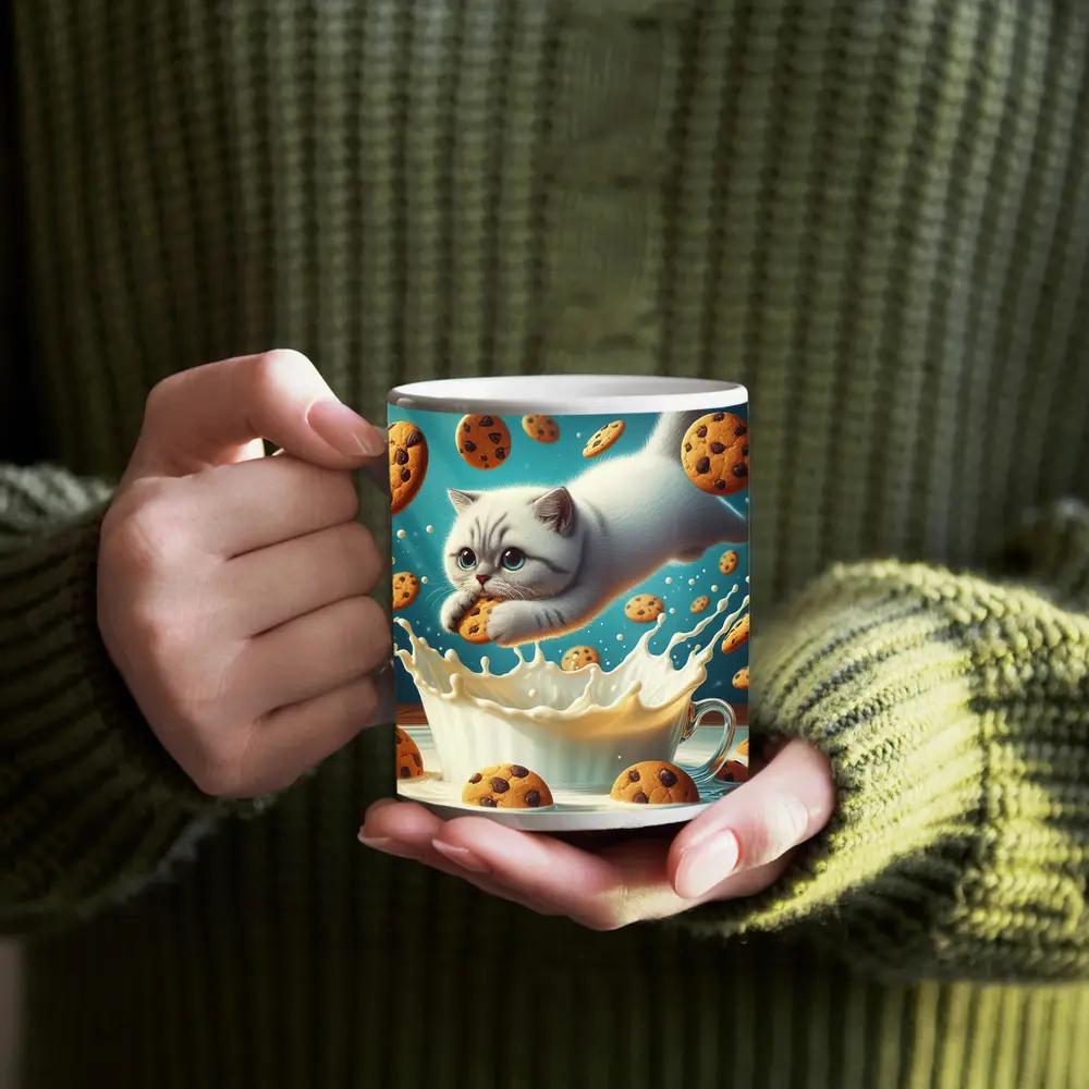 White Cat Diving Into Milk Cookie Fantasy – Mugs