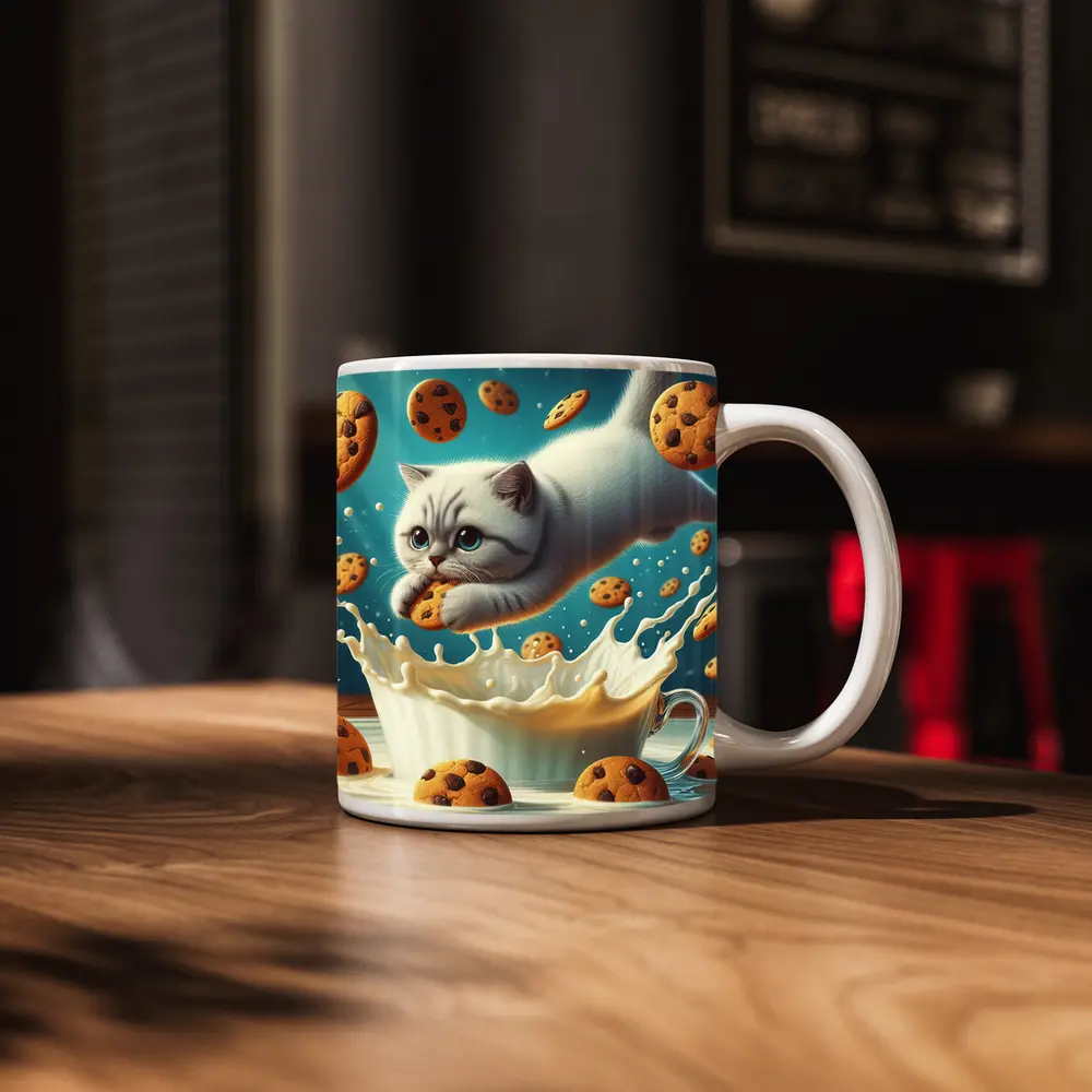 White Cat Diving Into Milk Cookie Fantasy – Mugs