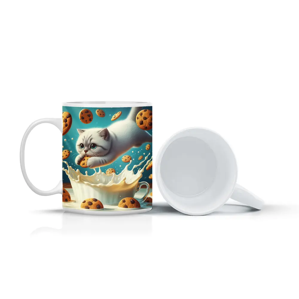 White Cat Diving Into Milk Cookie Fantasy – Mugs