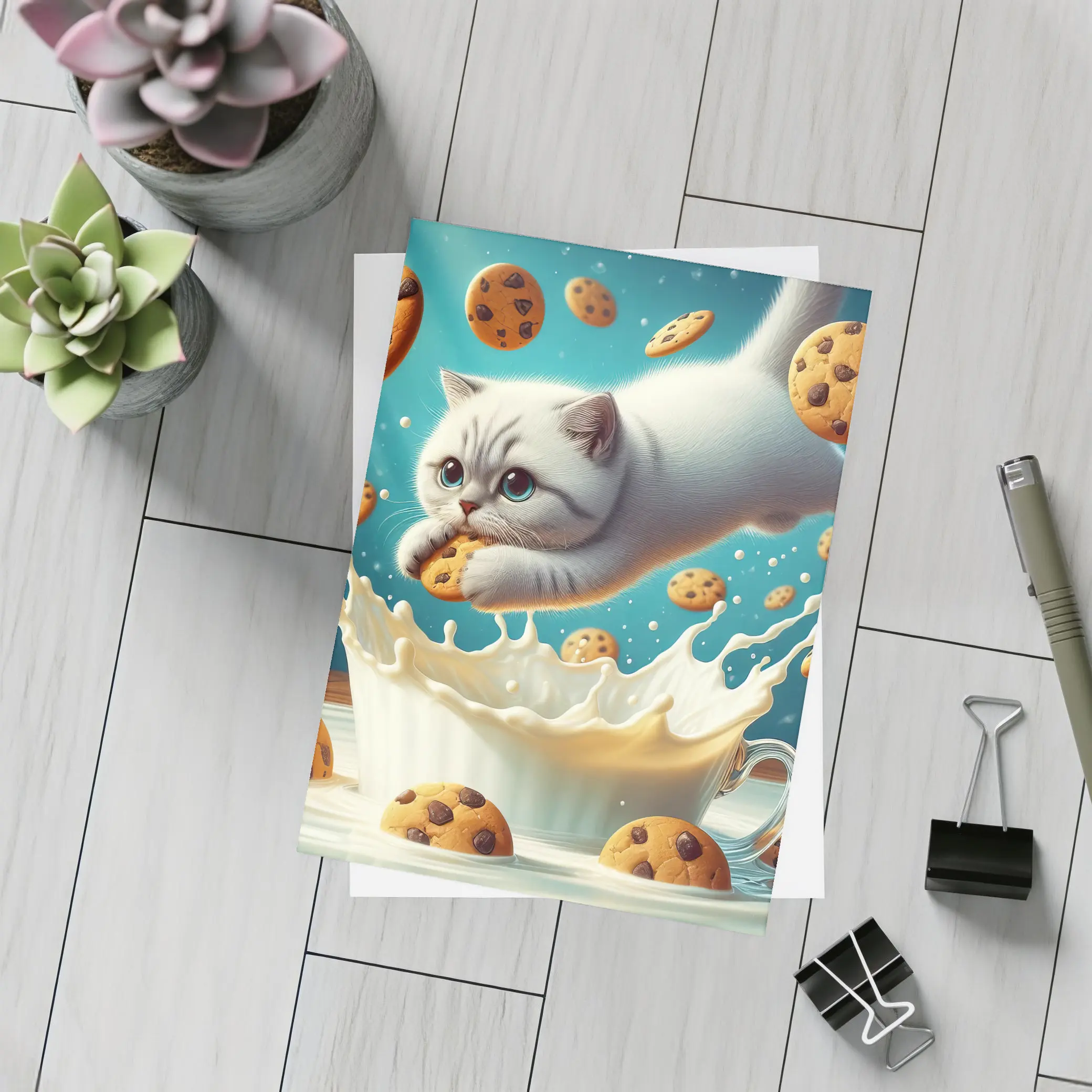 White Cat Diving Into Milk Cookie Fantasy – Postcards