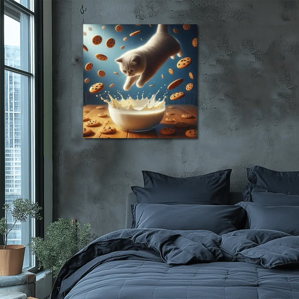 British Shorthair Kitten Diving Into Milk Bowl – Wall Art