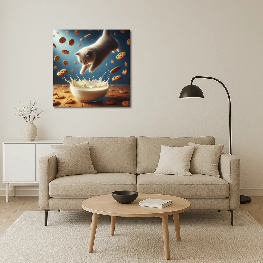 British Shorthair Kitten Diving Into Milk Bowl – Wall Art