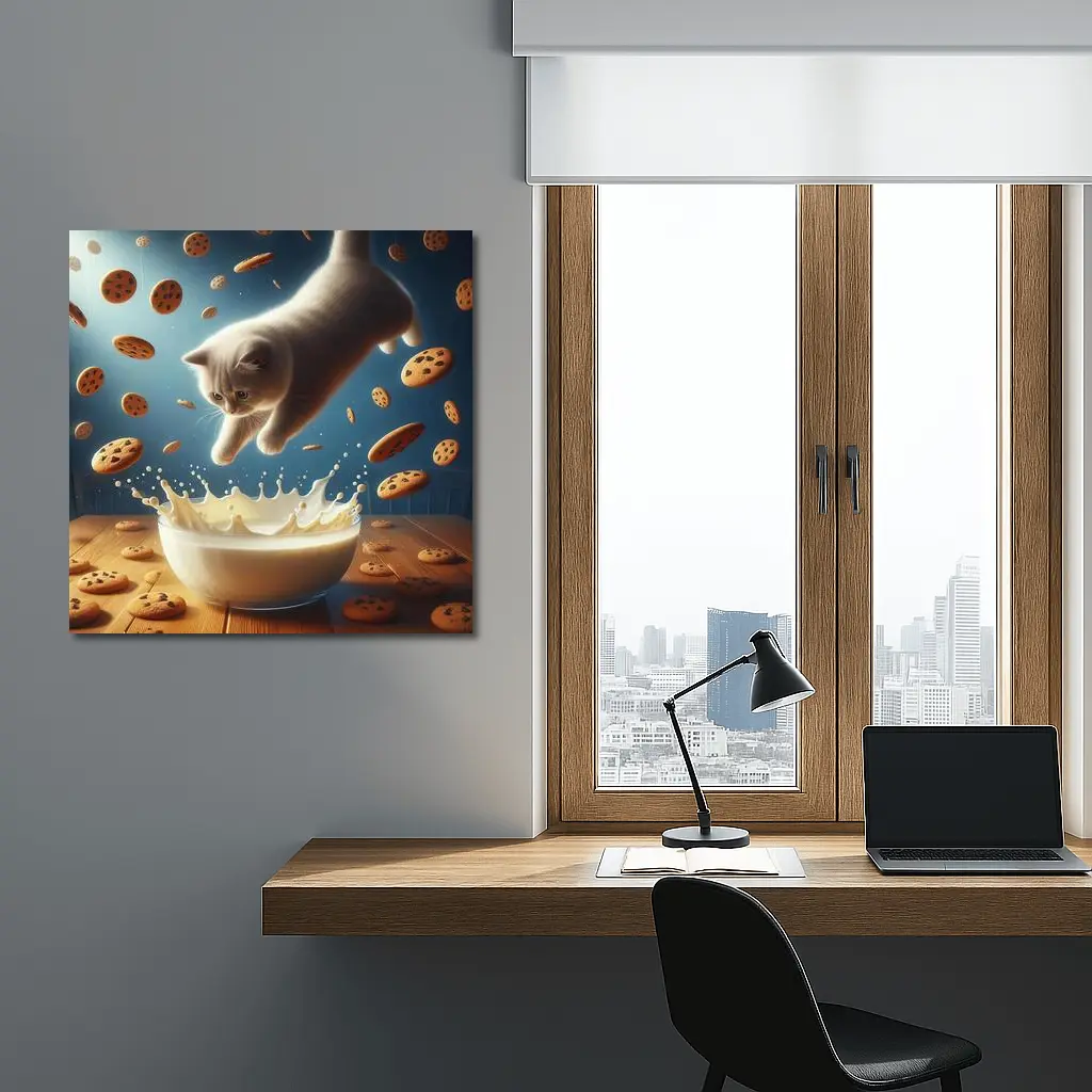 British Shorthair Kitten Diving Into Milk Bowl – Wall Art
