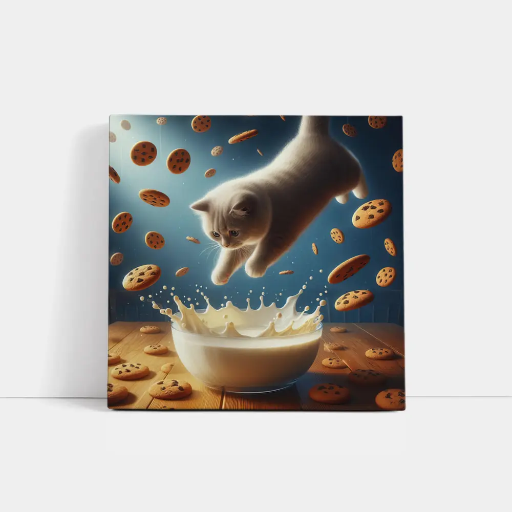British Shorthair Kitten Diving Into Milk Bowl – Wall Art