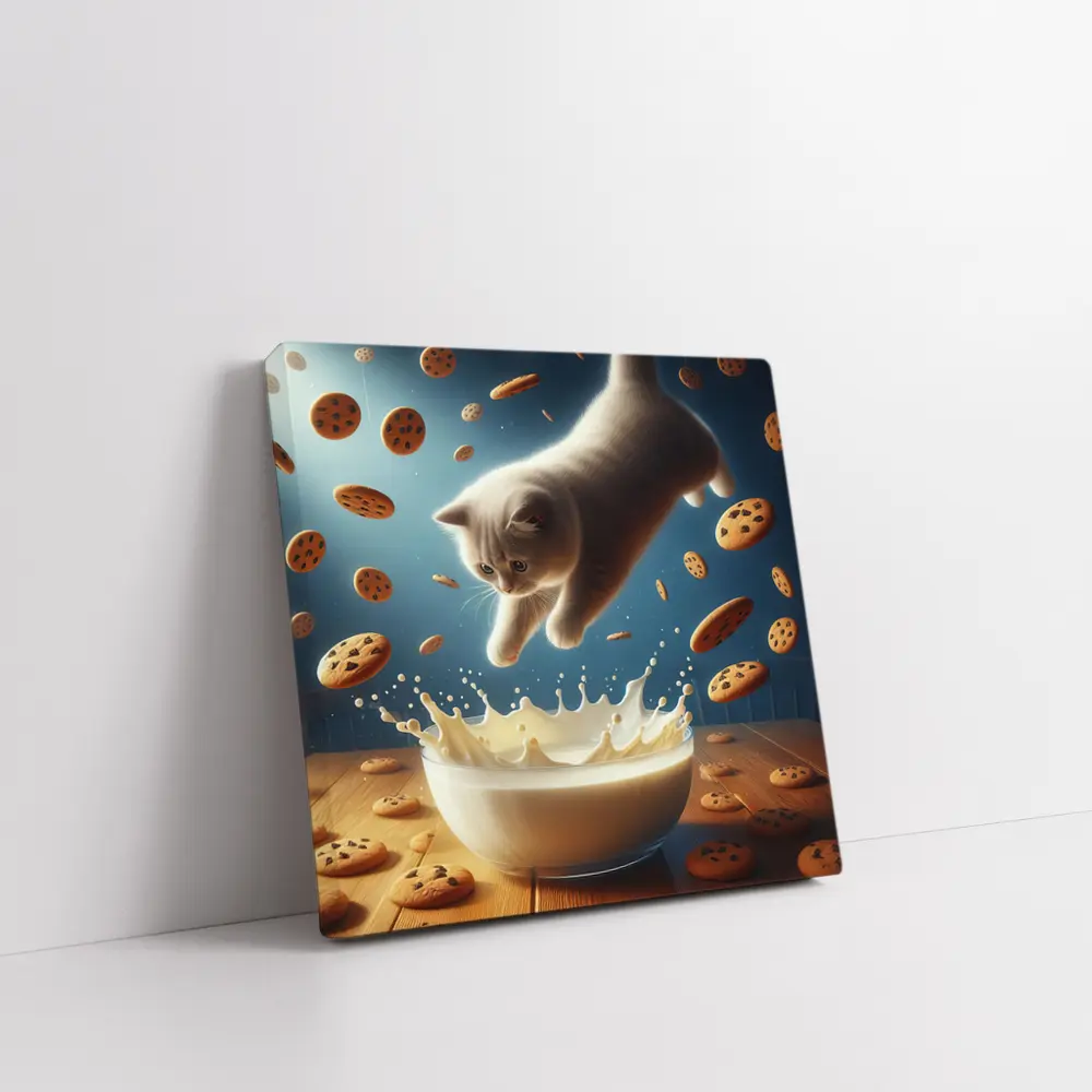 British Shorthair Kitten Diving Into Milk Bowl – Wall Art
