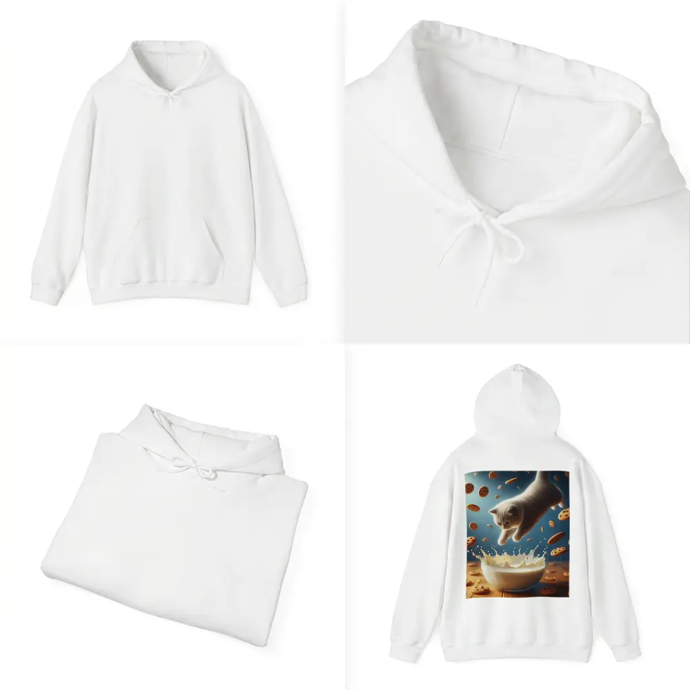 British Shorthair Kitten Diving Into Milk Bowl – Hoodies