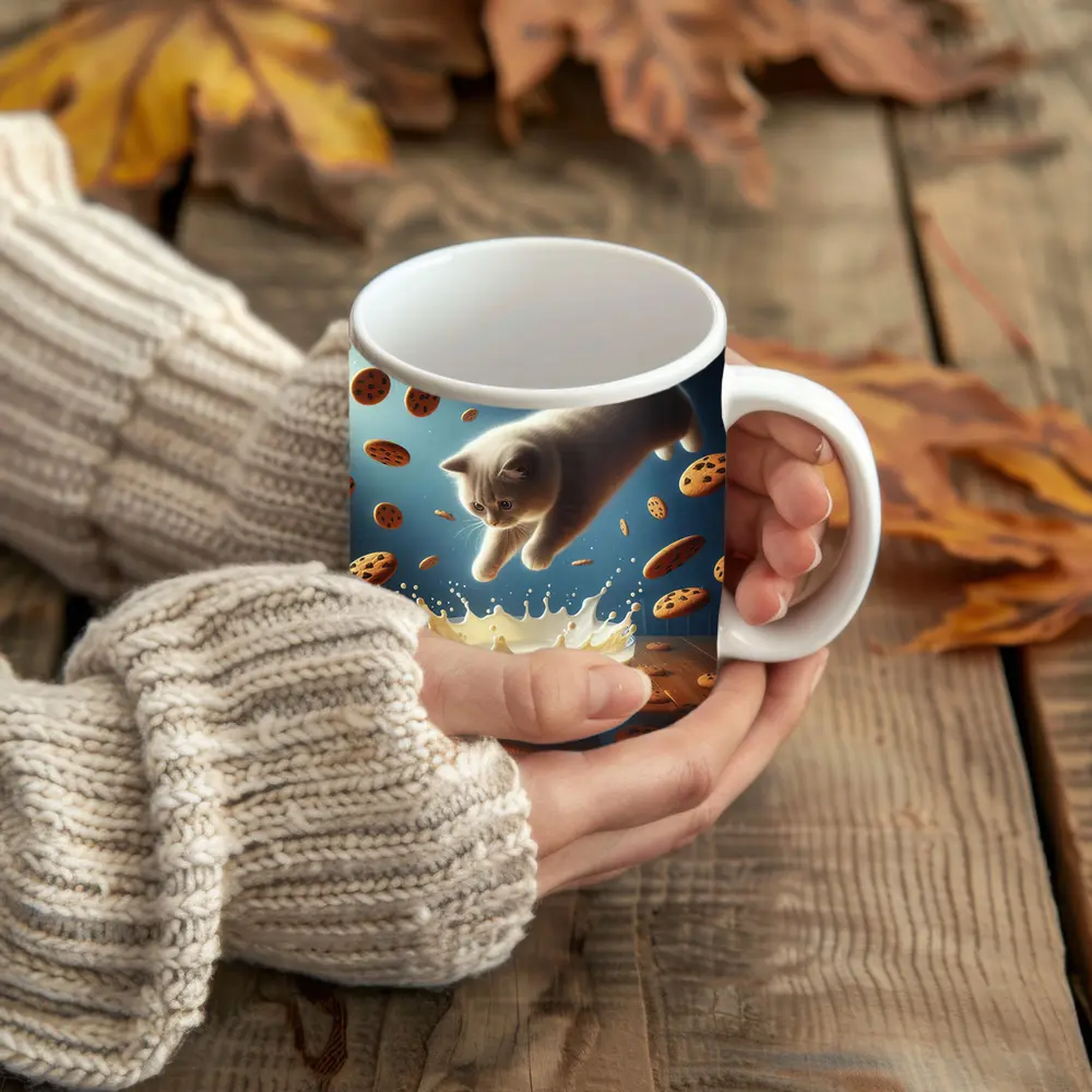 British Shorthair Kitten Diving Into Milk Bowl – Mugs