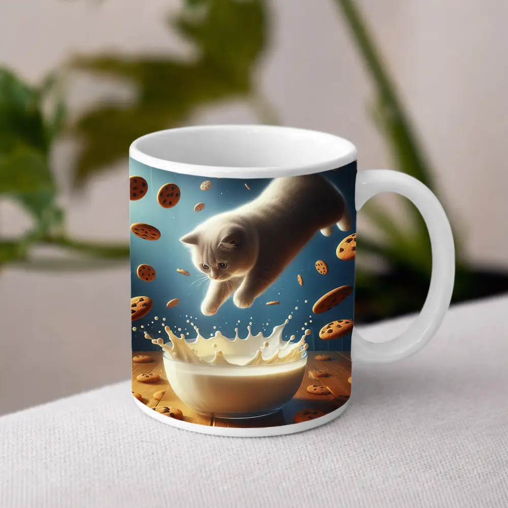 British Shorthair Kitten Diving Into Milk Bowl – Mugs
