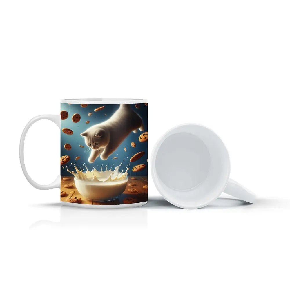 British Shorthair Kitten Diving Into Milk Bowl – Mugs