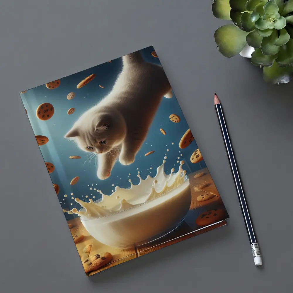 British Shorthair Kitten Diving Into Milk Bowl – Notebooks