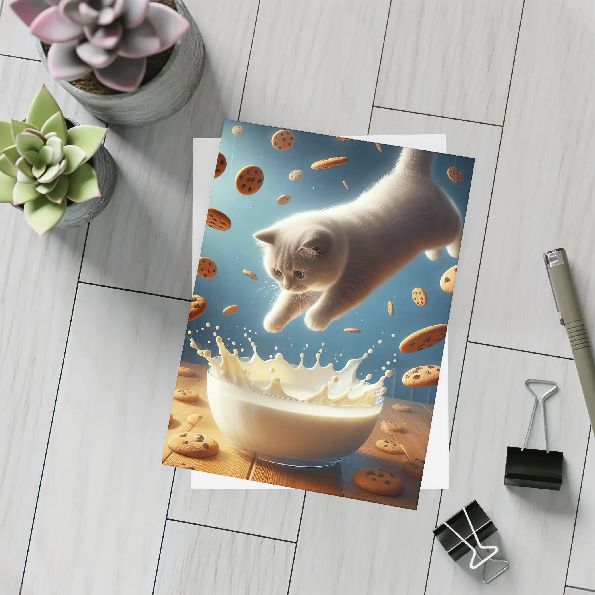 British Shorthair Kitten Diving Into Milk Bowl – Postcards