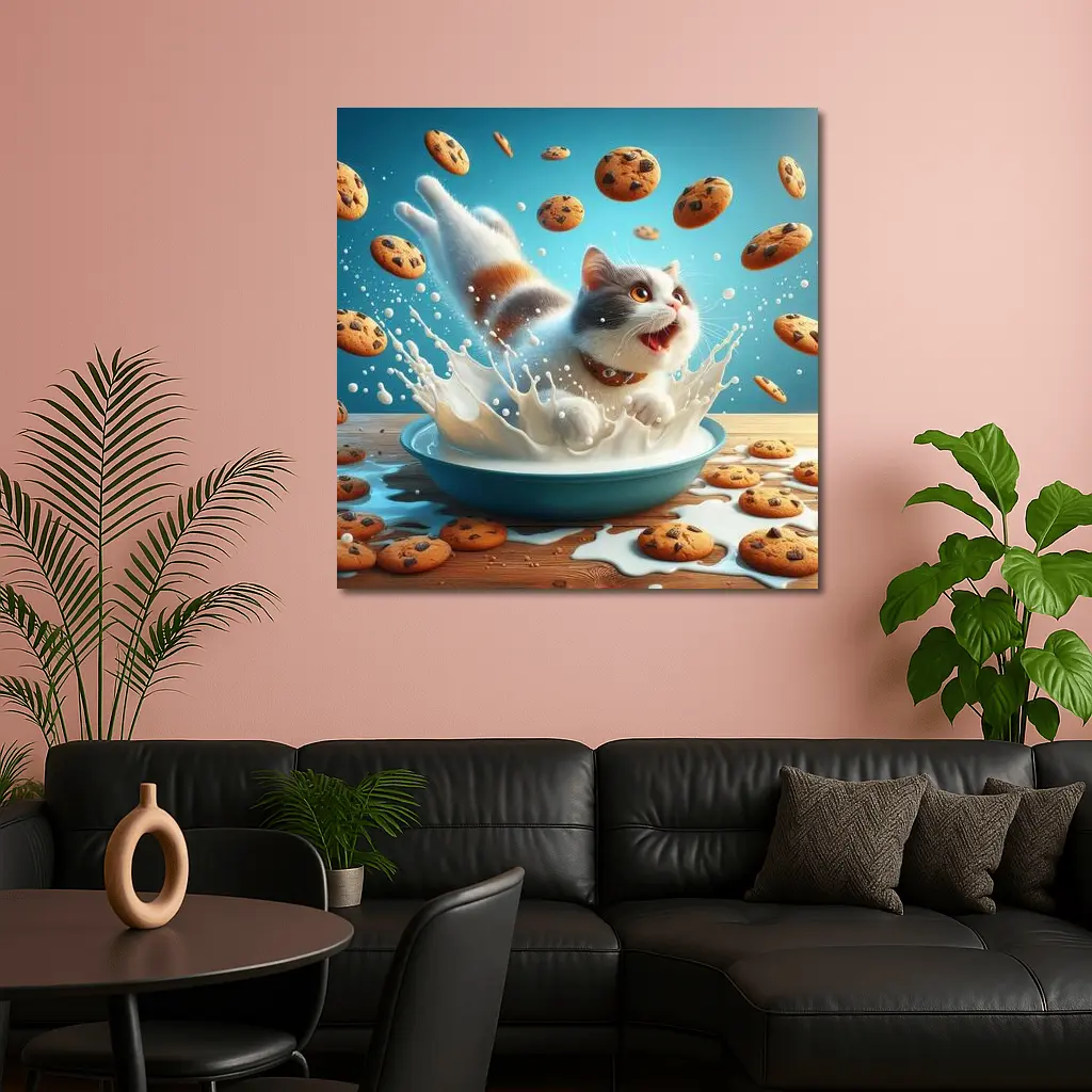 Playful Cat Splashing Milk With Flying Cookies – Wall Art