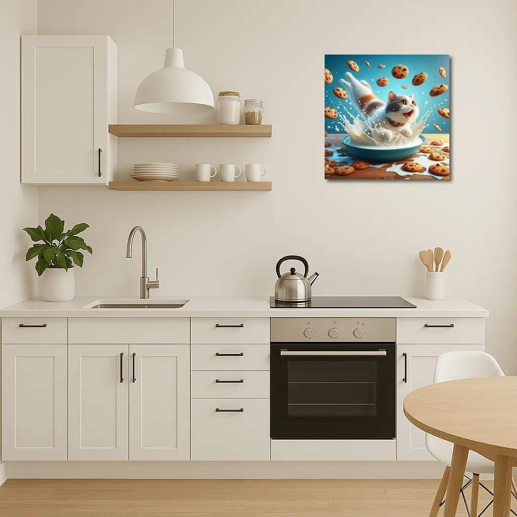 Playful Cat Splashing Milk With Flying Cookies – Wall Art