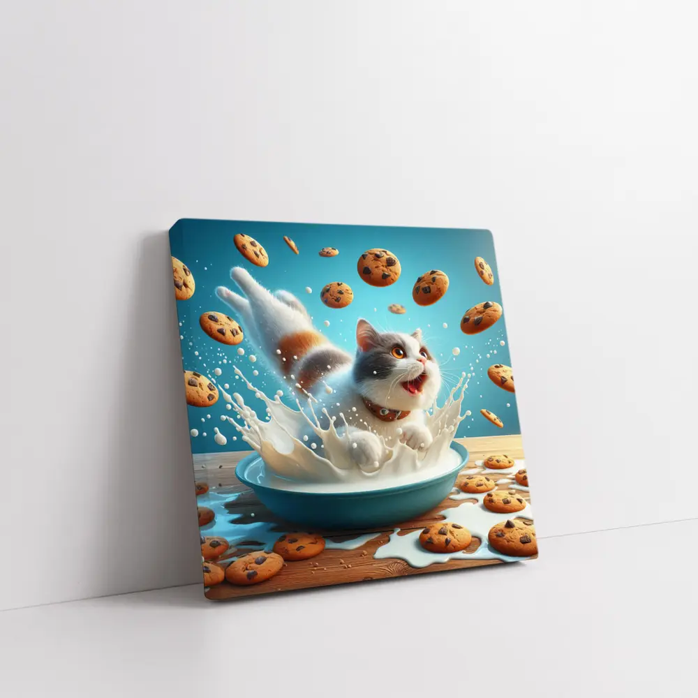 Playful Cat Splashing Milk With Flying Cookies – Wall Art
