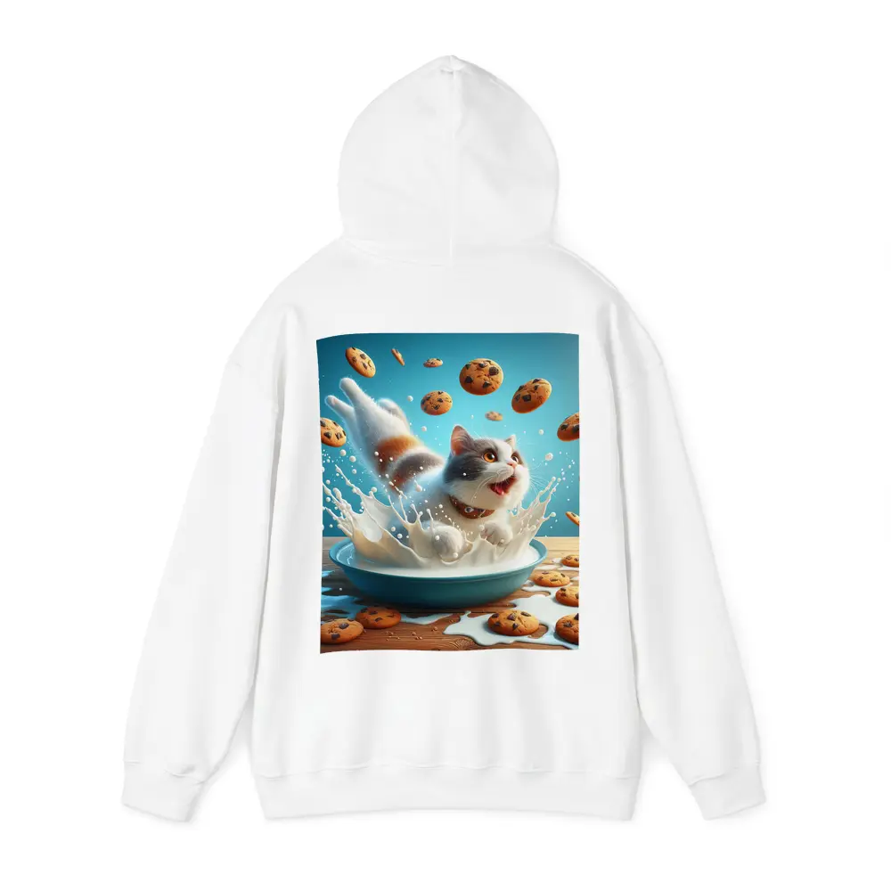 Playful Cat Splashing Milk With Flying Cookies – Hoodies