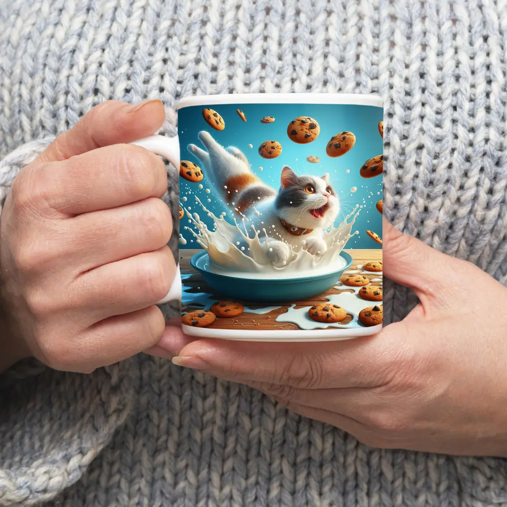 Playful Cat Splashing Milk With Flying Cookies – Mugs