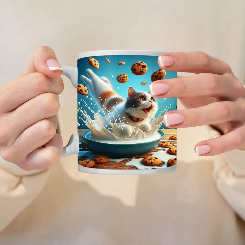 Playful Cat Splashing Milk With Flying Cookies – Mugs