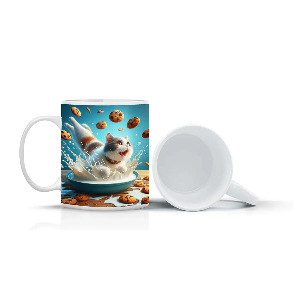 Playful Cat Splashing Milk With Flying Cookies – Mugs