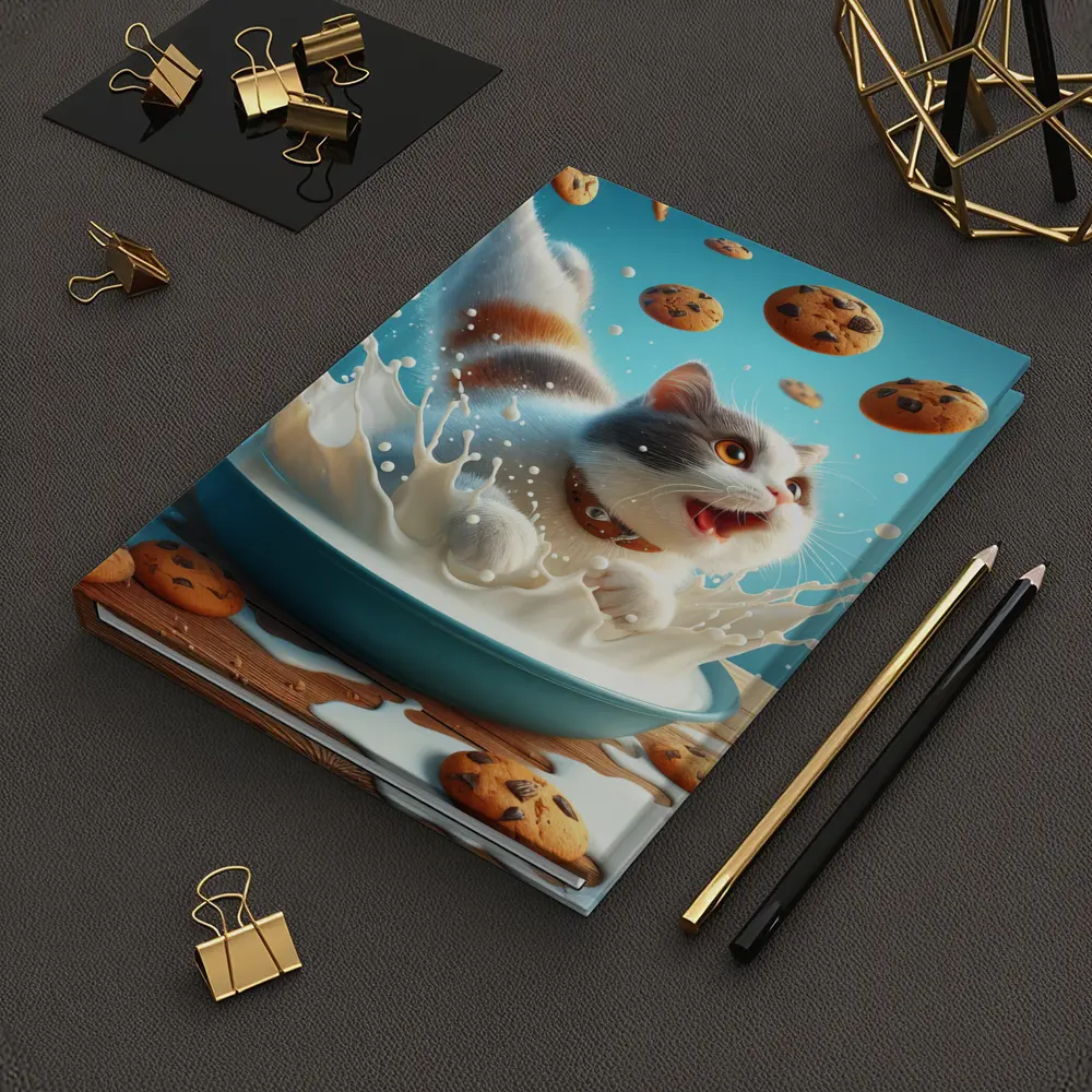 Playful Cat Splashing Milk With Flying Cookies – Notebooks
