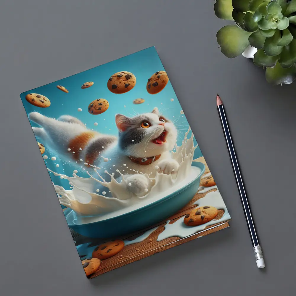 Playful Cat Splashing Milk With Flying Cookies – Notebooks