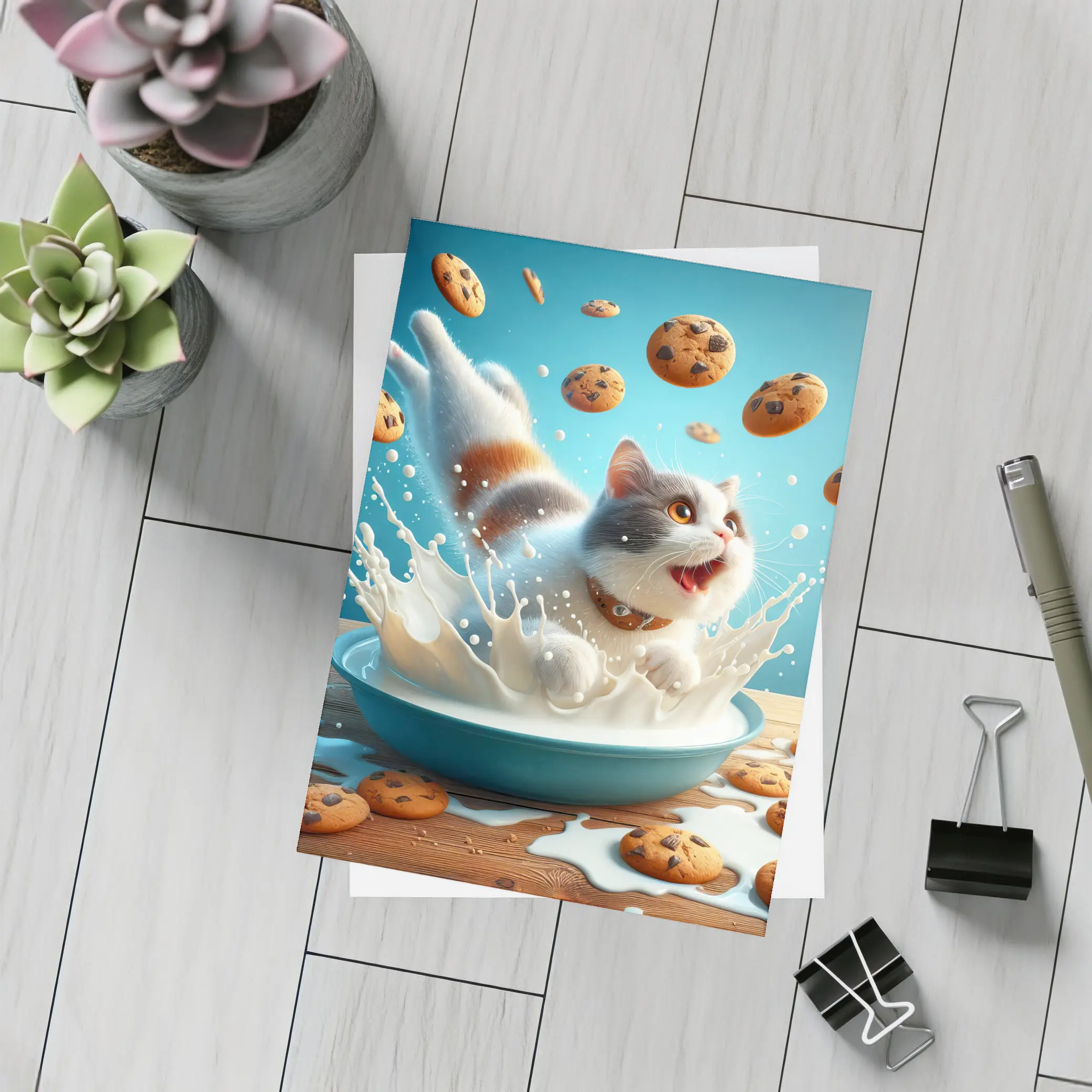 Playful Cat Splashing Milk With Flying Cookies – Postcards