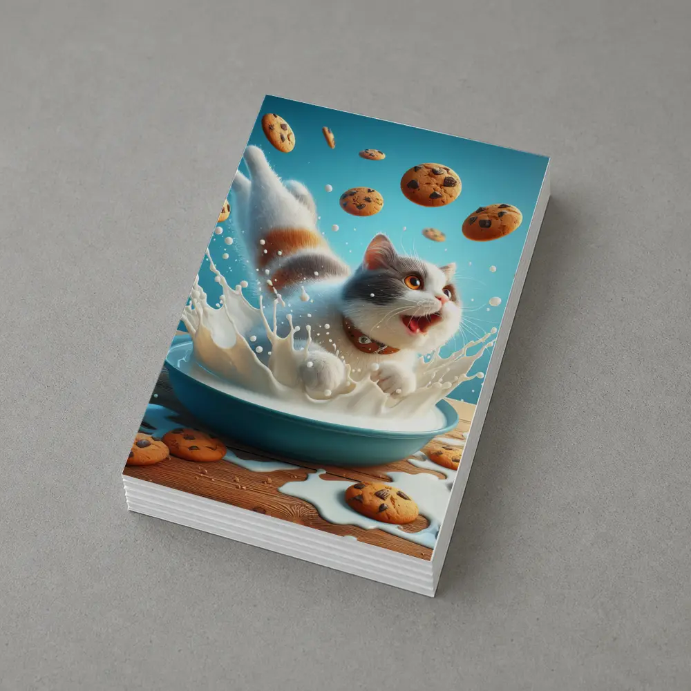 Playful Cat Splashing Milk With Flying Cookies – Postcards