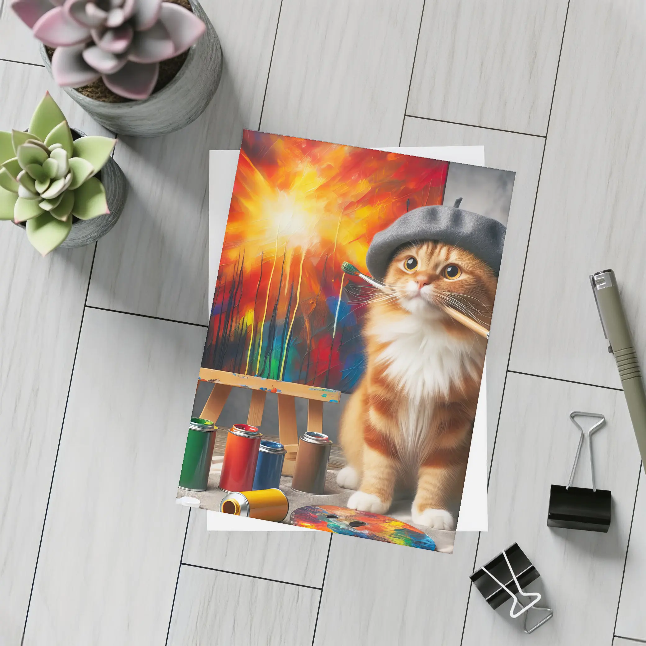 Scottish Fold Cat Artist Beret Painting Studio – Postcards