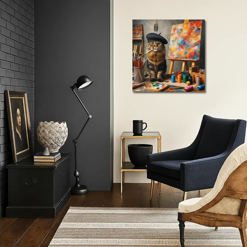 Artist Cat Beret Painting Studio Art – Wall Art