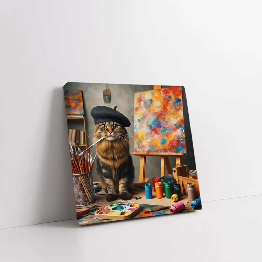 Artist Cat Beret Painting Studio Art – Wall Art