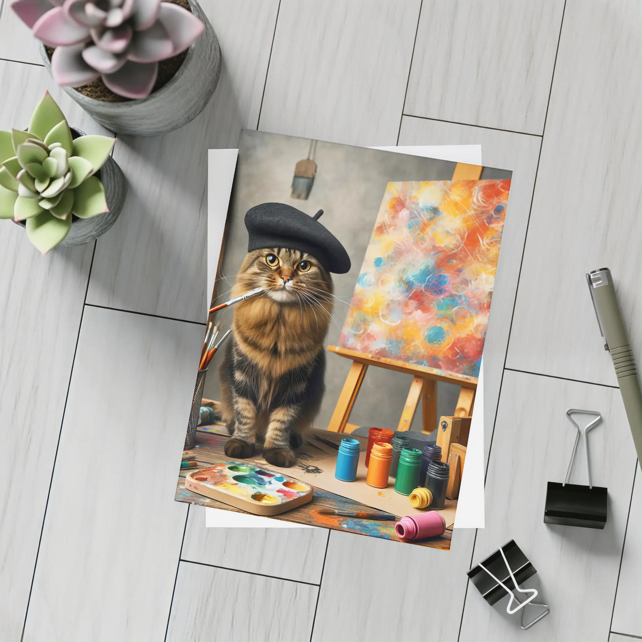 Artist Cat Beret Painting Studio Art – Postcards
