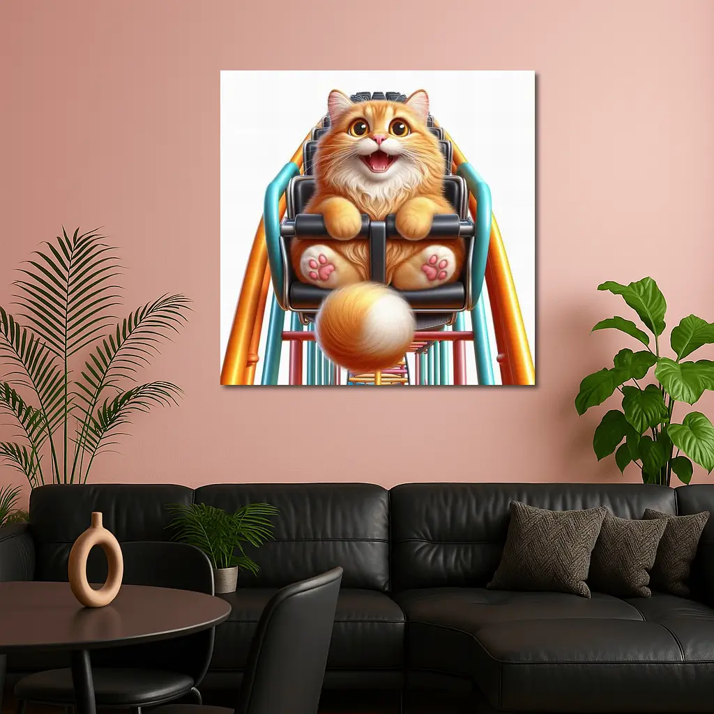 Happy Orange Cat Riding Roller Coaster – Wall Art
