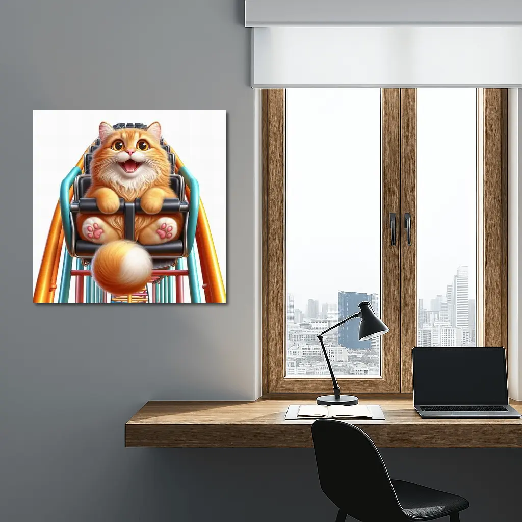 Happy Orange Cat Riding Roller Coaster – Wall Art