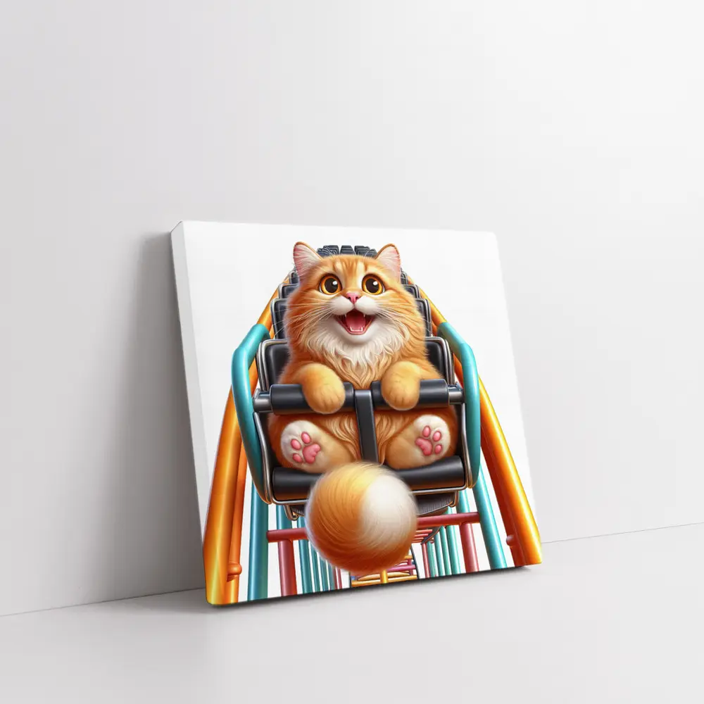 Happy Orange Cat Riding Roller Coaster – Wall Art