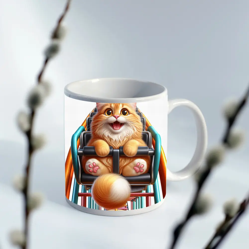 Happy Orange Cat Riding Roller Coaster – Mugs