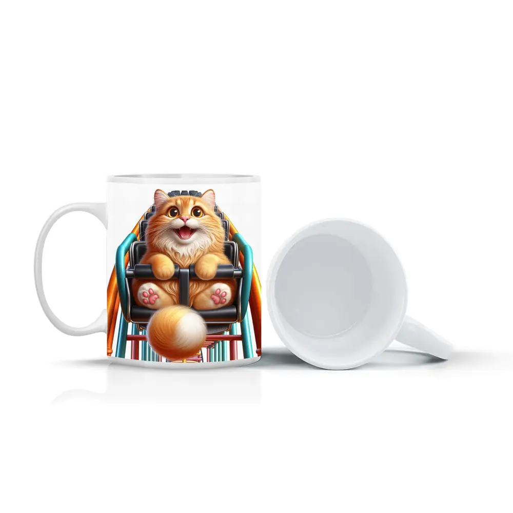 Happy Orange Cat Riding Roller Coaster – Mugs