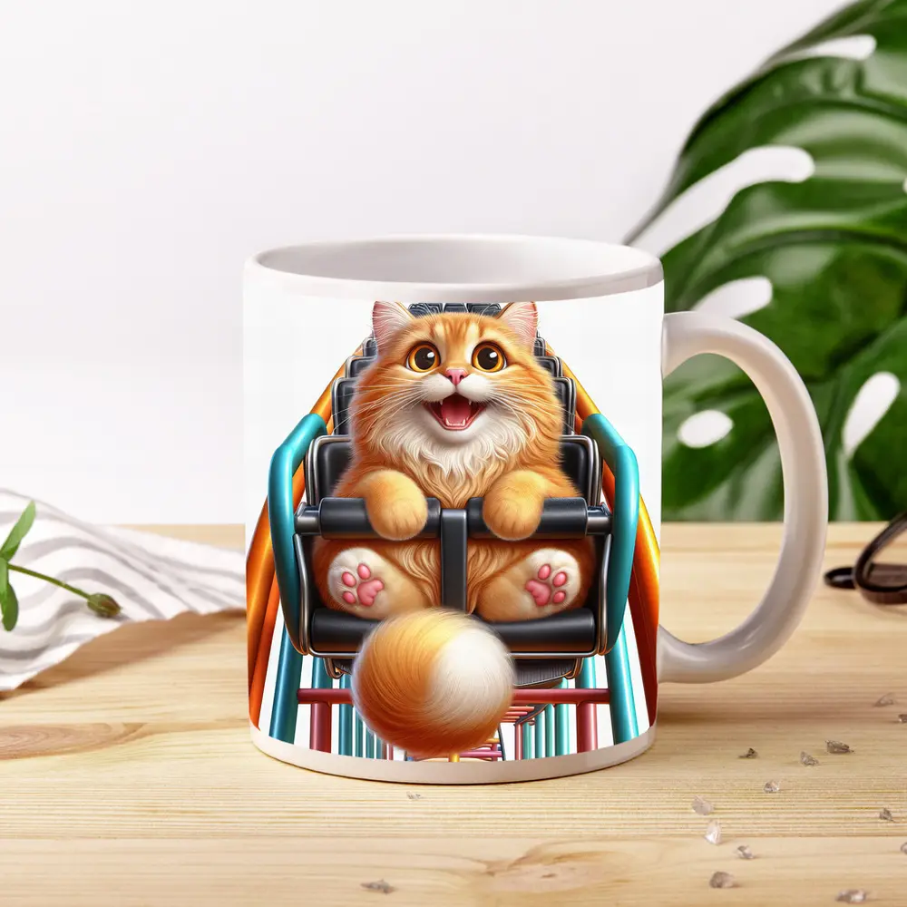 Happy Orange Cat Riding Roller Coaster – Mugs