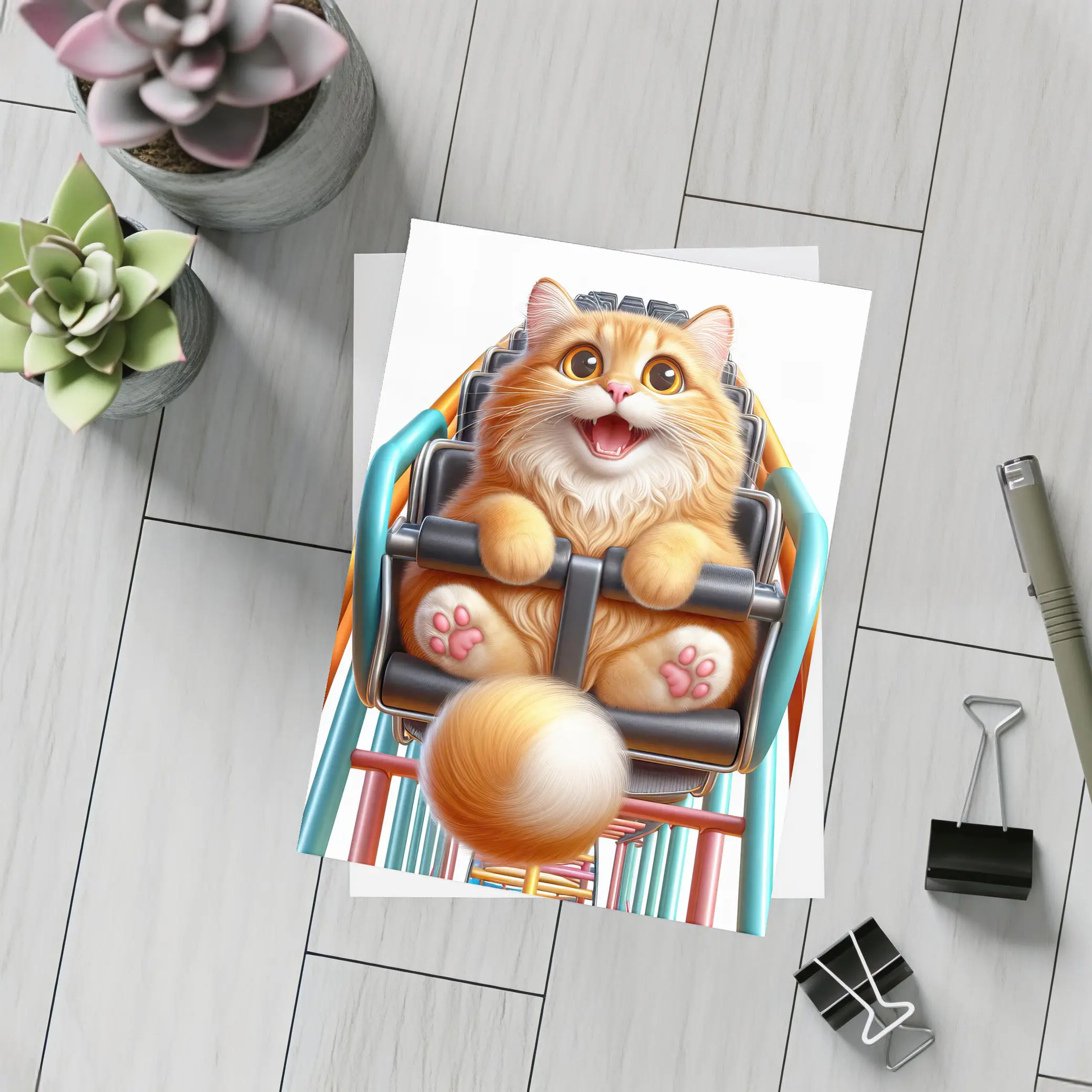 Happy Orange Cat Riding Roller Coaster – Postcards