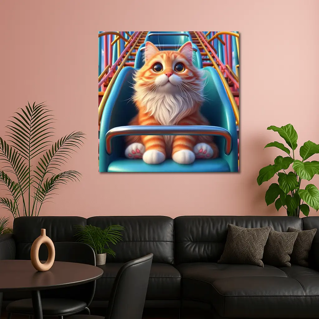 Orange Cat Riding Roller Coaster Cartoon Art – Wall Art