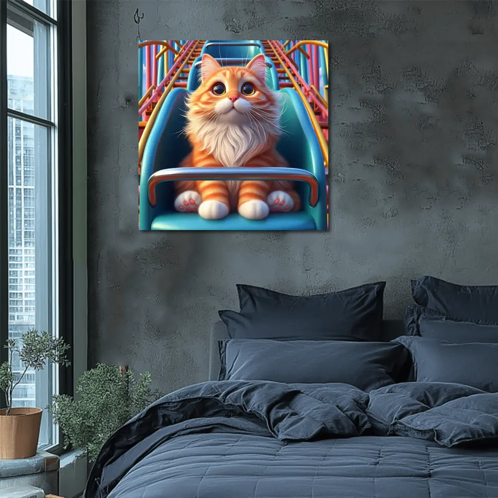 Orange Cat Riding Roller Coaster Cartoon Art – Wall Art