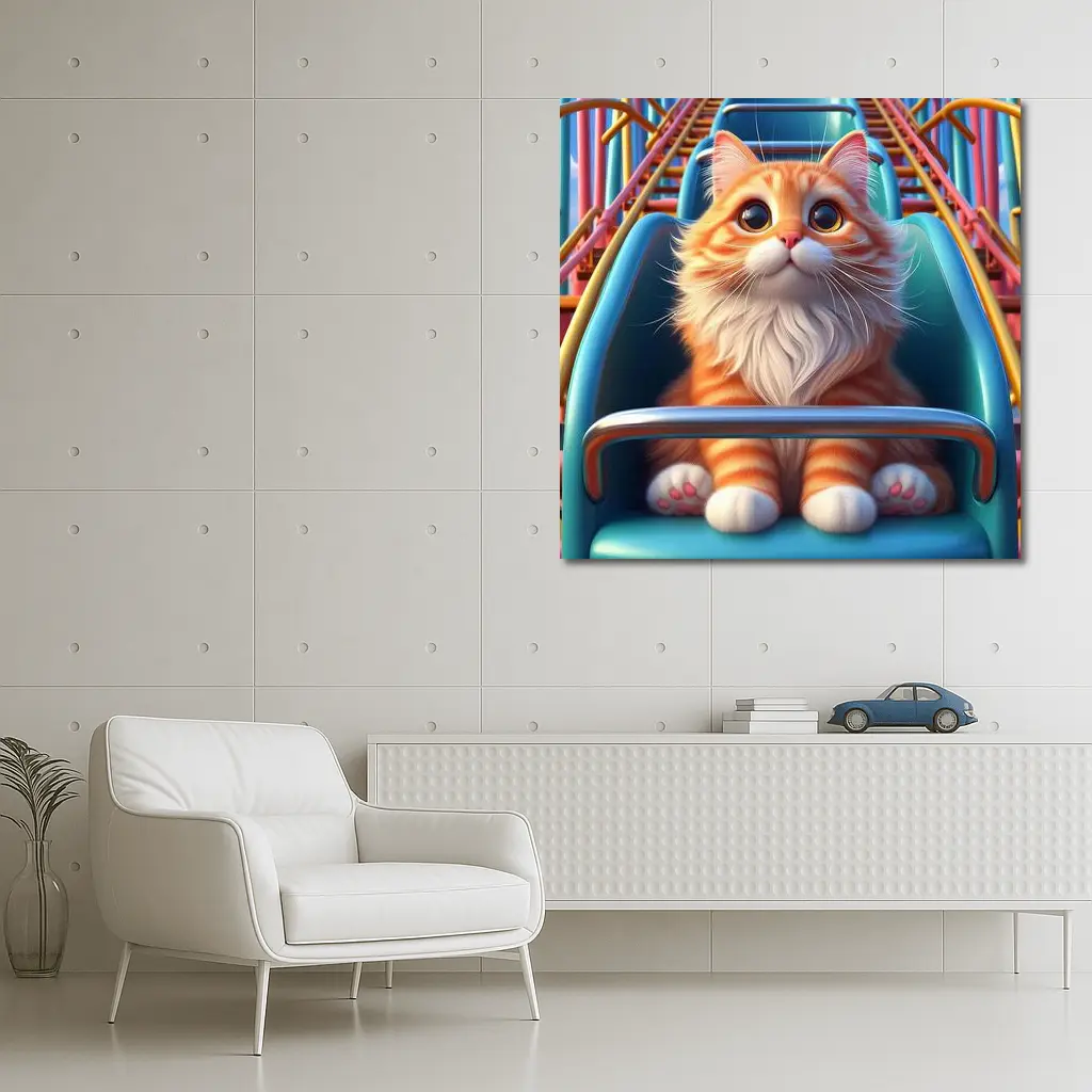 Orange Cat Riding Roller Coaster Cartoon Art – Wall Art