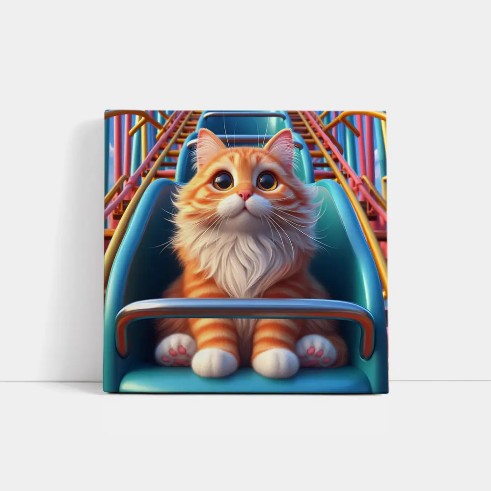 Orange Cat Riding Roller Coaster Cartoon Art – Wall Art